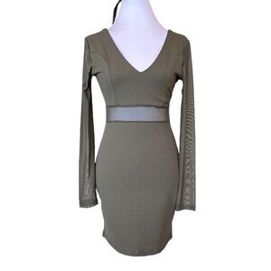 NWT Revamped mini dress olive green long sleeves sheer panel waist Sz S